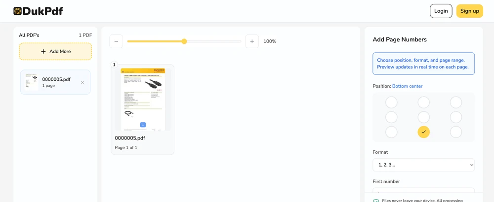 Add page numbers tool showing position selector (top/bottom) and format picker (1, 2, 3 or i, ii, iii)