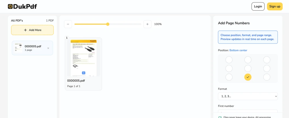Add page numbers result showing PDF with page numbers stamped on every page ready for download