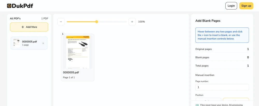 Add pages result showing the PDF with blank page successfully inserted at the chosen position