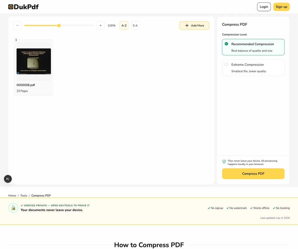 Compressed PDF ready for download with size reduction shown after applying quality preset