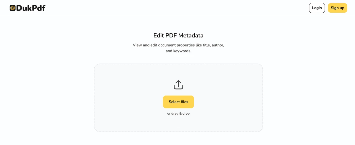 Edit PDF metadata tool showing form fields for title, author, subject, and keywords of a PDF document