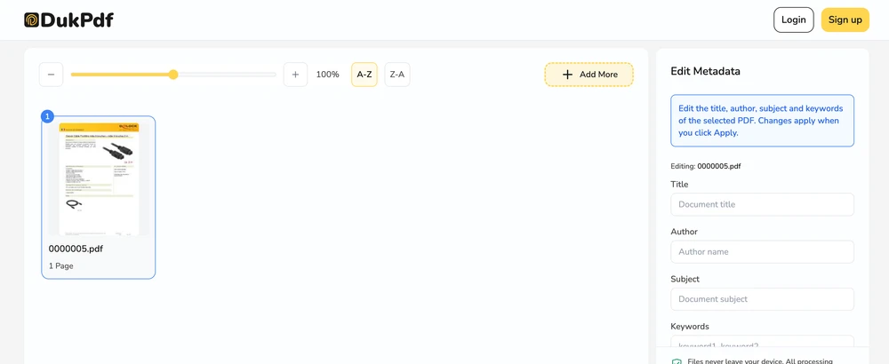 Edit metadata tool showing form fields for editing title, author, and other PDF metadata properties