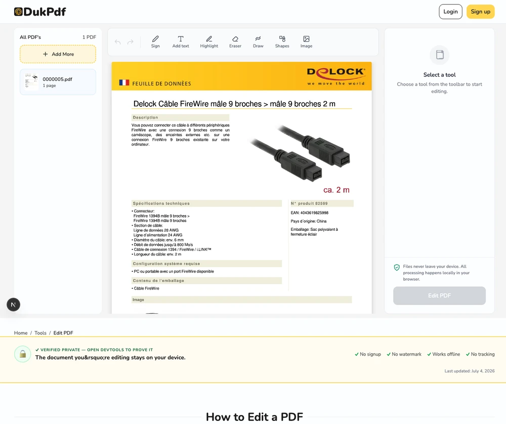 Edit PDF tool showing a PDF page with text boxes and shapes being added as annotations