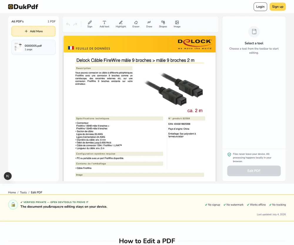 Edit PDF result showing the edited PDF with all text, shapes, and annotations flattened and ready for download