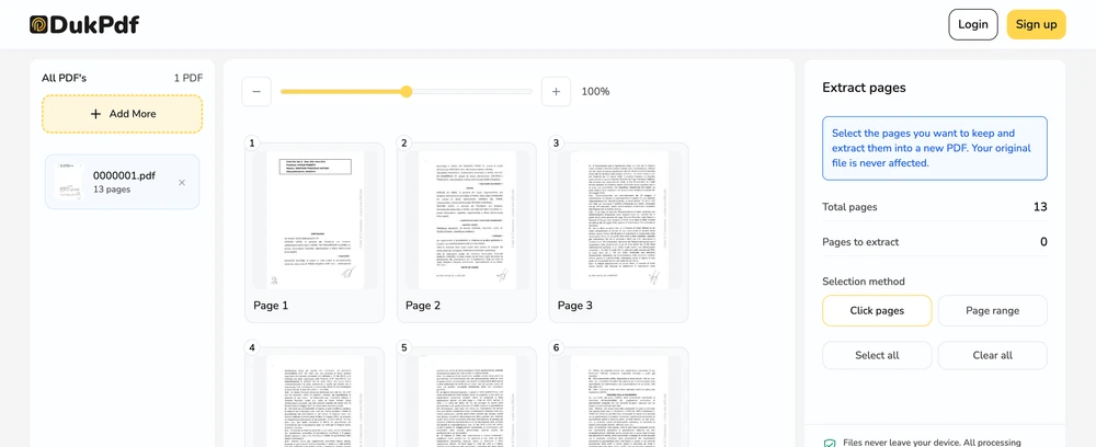 Extract pages result showing the new standalone PDF containing only the selected pages ready to download