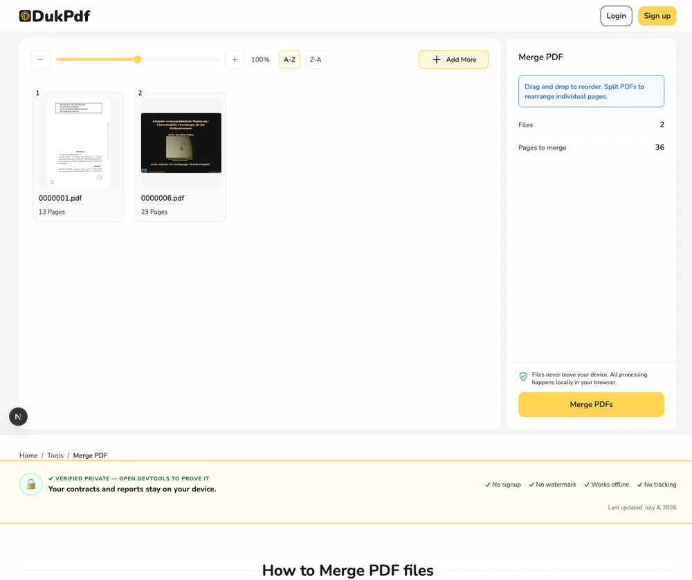 Merge PDF tool showing uploaded PDF files in thumbnail grid ready for reordering
