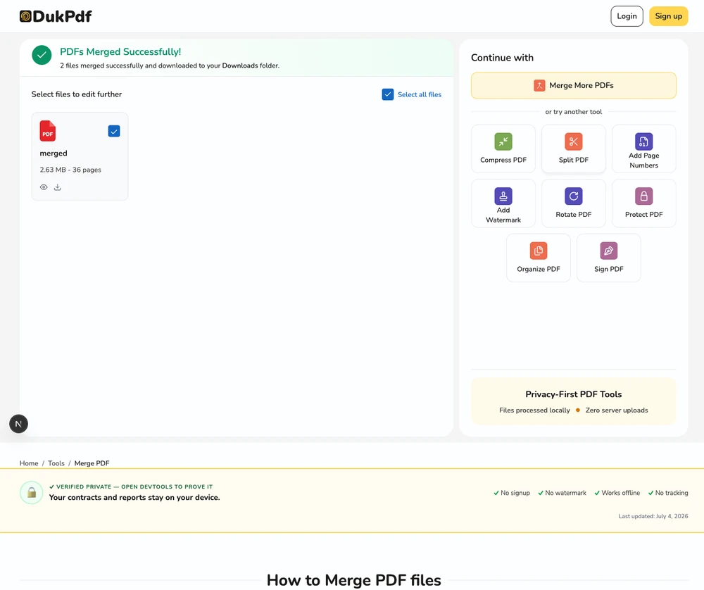 Completed merge PDF result with download button after combining three PDF files