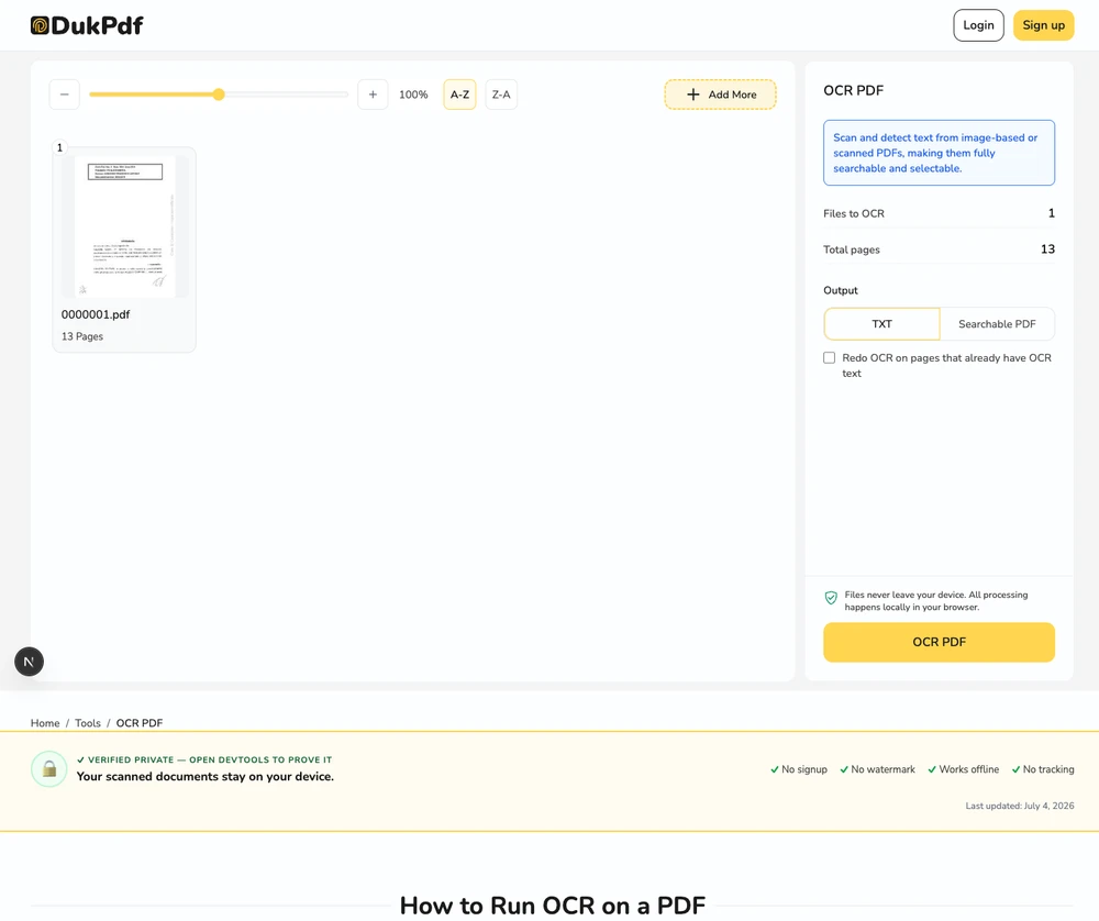 OCR PDF tool language selector showing 100+ languages available for text recognition on scanned documents