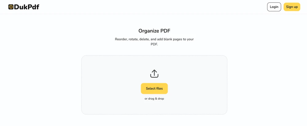 Organize PDF tool showing all pages as draggable thumbnails in a grid view for reordering