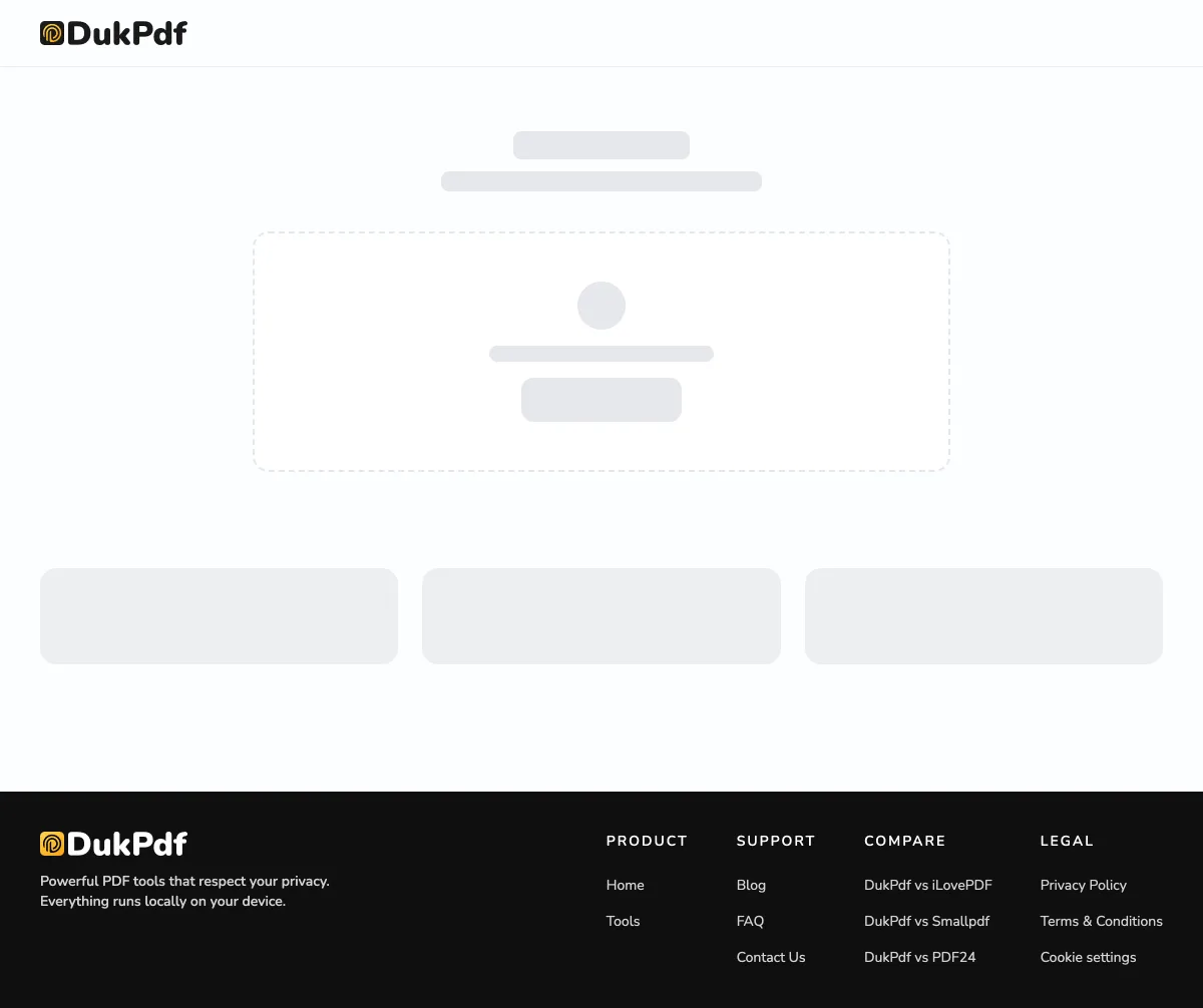 DukPdf PDF to PNG tool showing the upload area and page options for converting PDF pages to lossless images