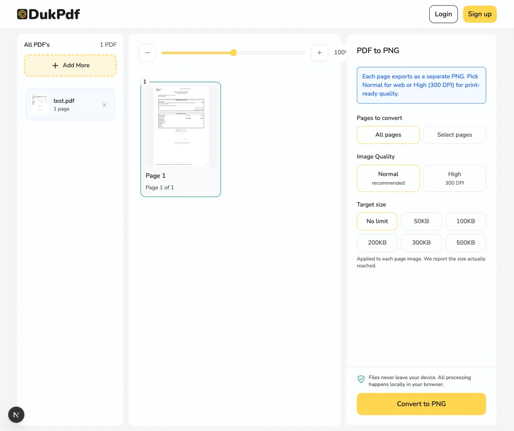 PDF to PNG tool showing page selection, quality and target size options before converting