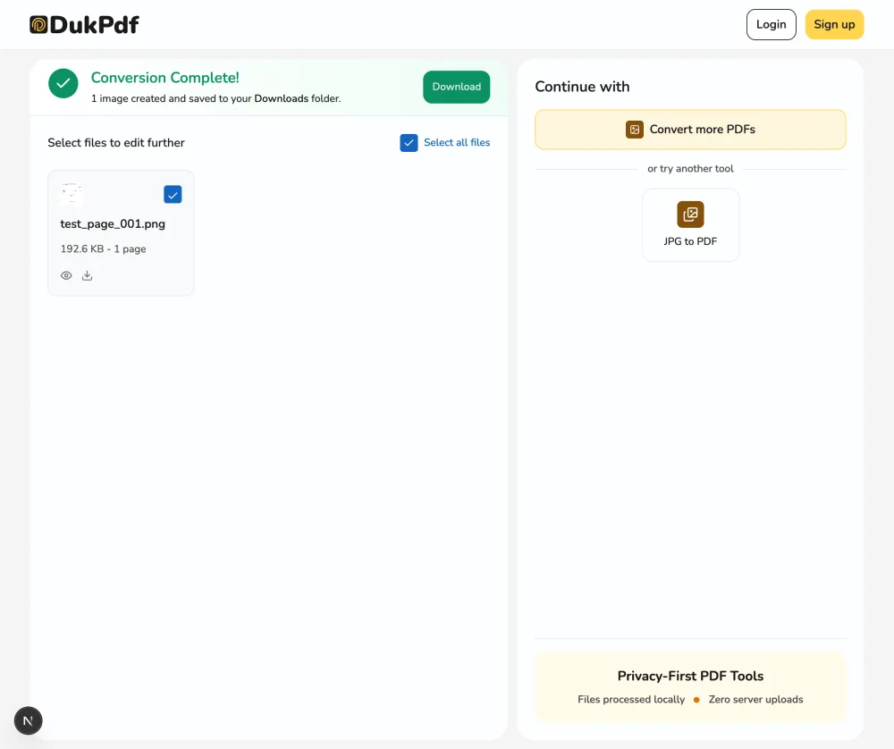 Converted PNG images listed with their file sizes and ready to download after conversion