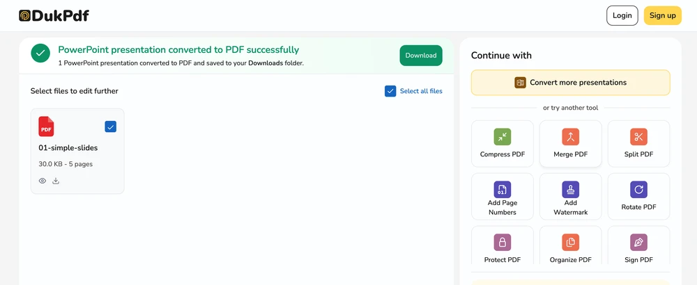 Converted PDF with one slide per page ready for download after PowerPoint to PDF conversion