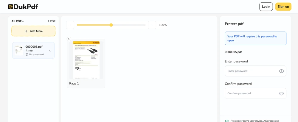 Protect PDF tool showing a PDF uploaded with password fields ready for AES encryption