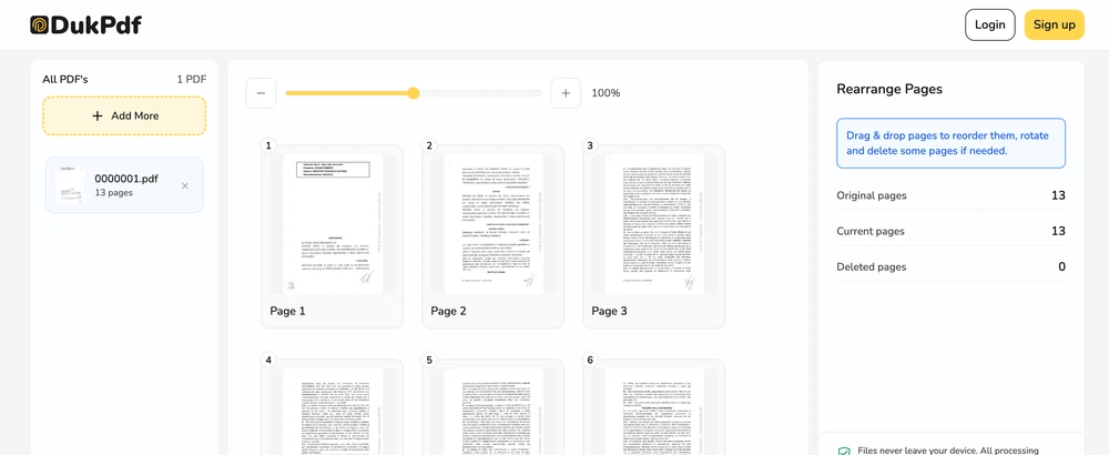 Rearrange PDF tool showing pages being dragged to reorder them with a visual drop indicator