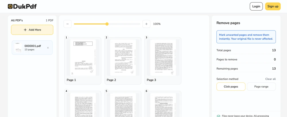 Remove pages tool showing page thumbnails with specific pages selected and marked for deletion