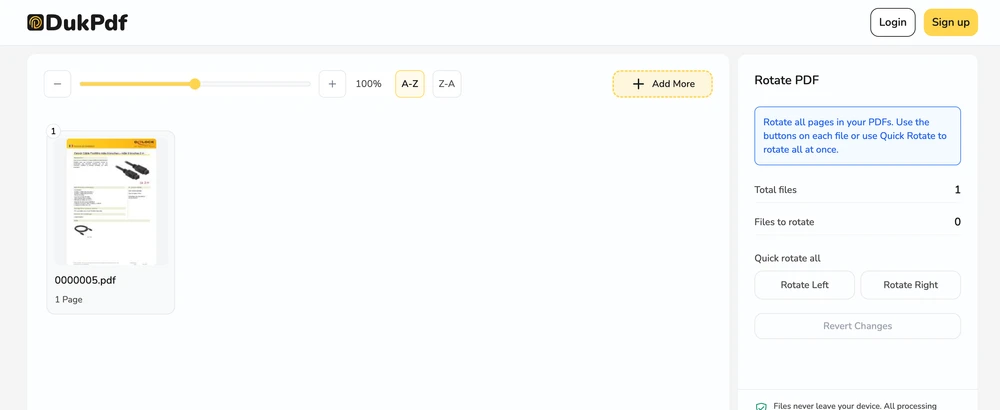 Rotate PDF tool showing page selector and rotation direction picker (90, 180, 270 degrees)