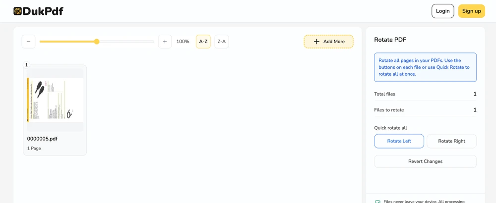 Rotate PDF result showing pages with corrected orientation ready for download