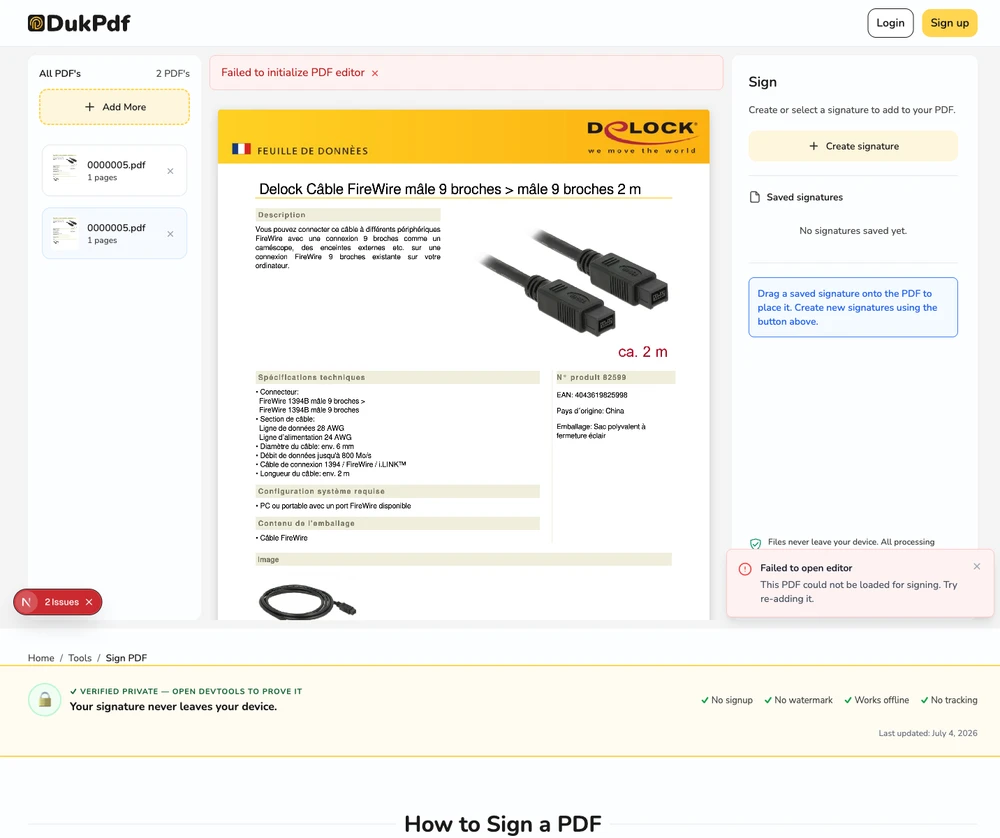 Sign PDF tool showing a PDF uploaded and signature being drawn or typed for placement