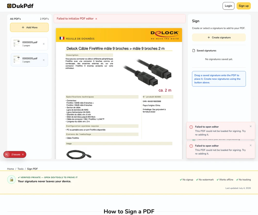 Signed PDF with the electronic signature applied to the signature line, ready for download