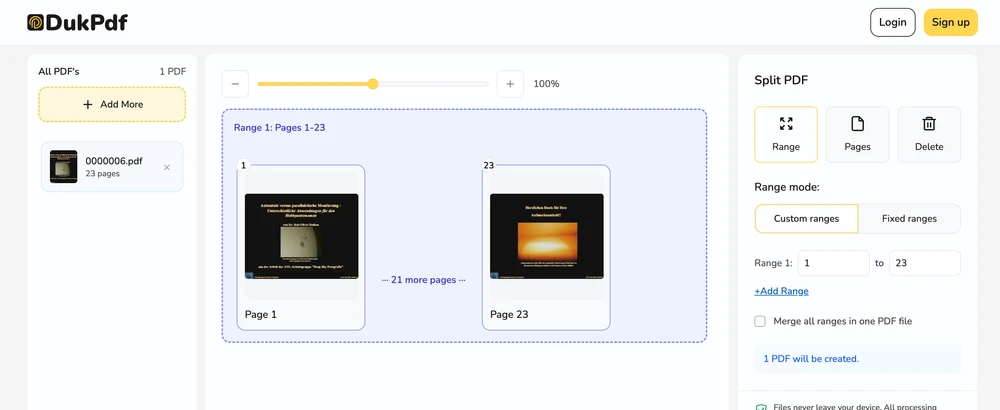 Split PDF tool interface showing the split mode selector with by range, every N pages, and custom selection options