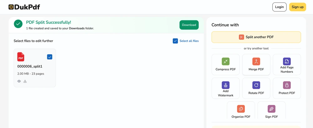 Split PDF result showing the ZIP archive ready for download with all split files packaged