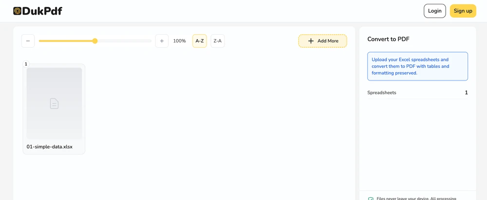 Word to PDF tool showing a DOCX file uploaded and ready for local conversion